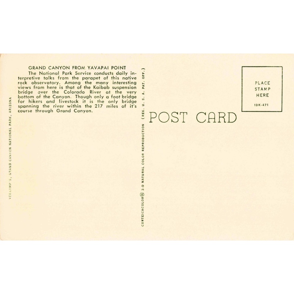 Vintage Greetings from Grand Canyon Arizona Postcard Yavapai Point Linen 1DK-471 - Picture 2 of 2